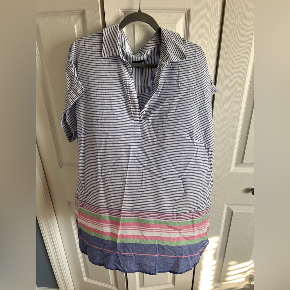 Striped Short Sleeve Top with Multicolor Hem